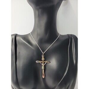 Vintage Silver Gold Tone Crucifix Necklace Jesus Cross Mixed Metal Religious